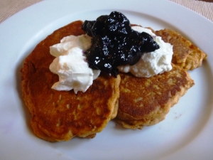 Read more about the article Sweet Potato Pancakes with Huckleberry Jam & Greek Yogurt