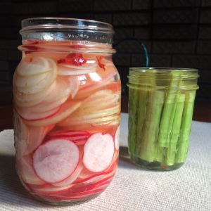 pickled radishes and pickled rhubarb